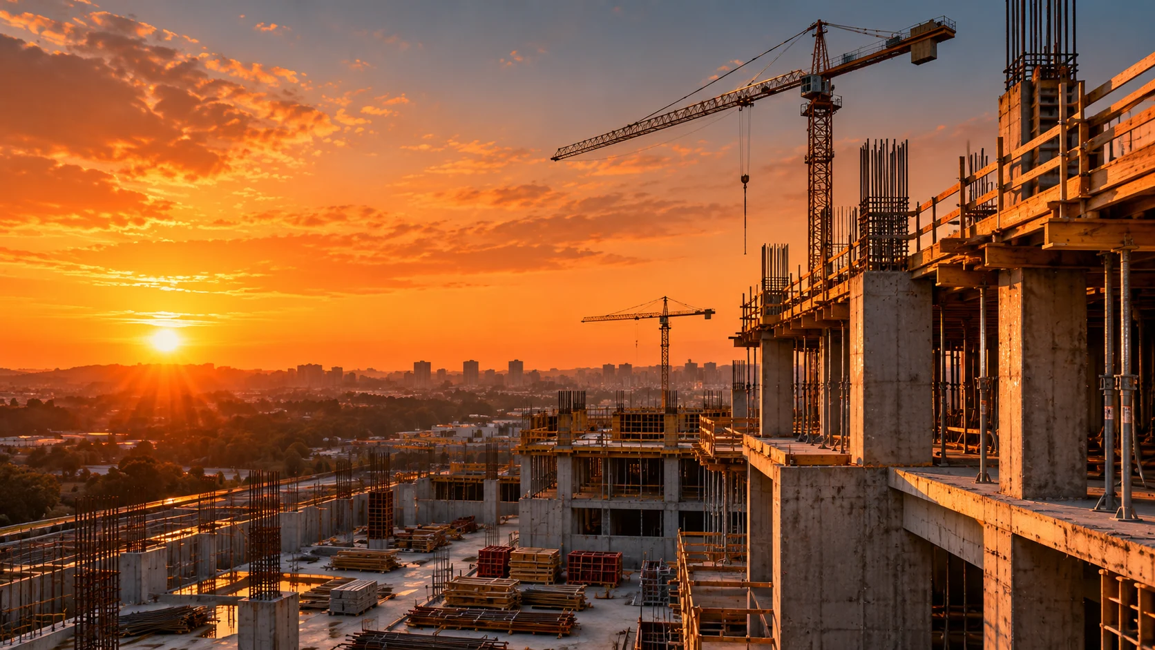 Edifício em construção com fôrmas e estruturas de concreto